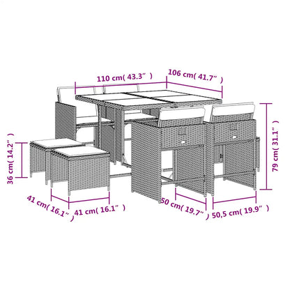 Set mobilier de grădină cu perne, 9 piese, negru, poliratan