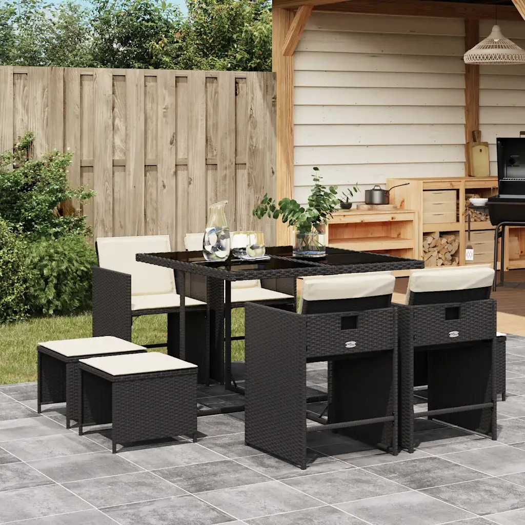 Set mobilier de grădină cu perne, 9 piese, negru, poliratan