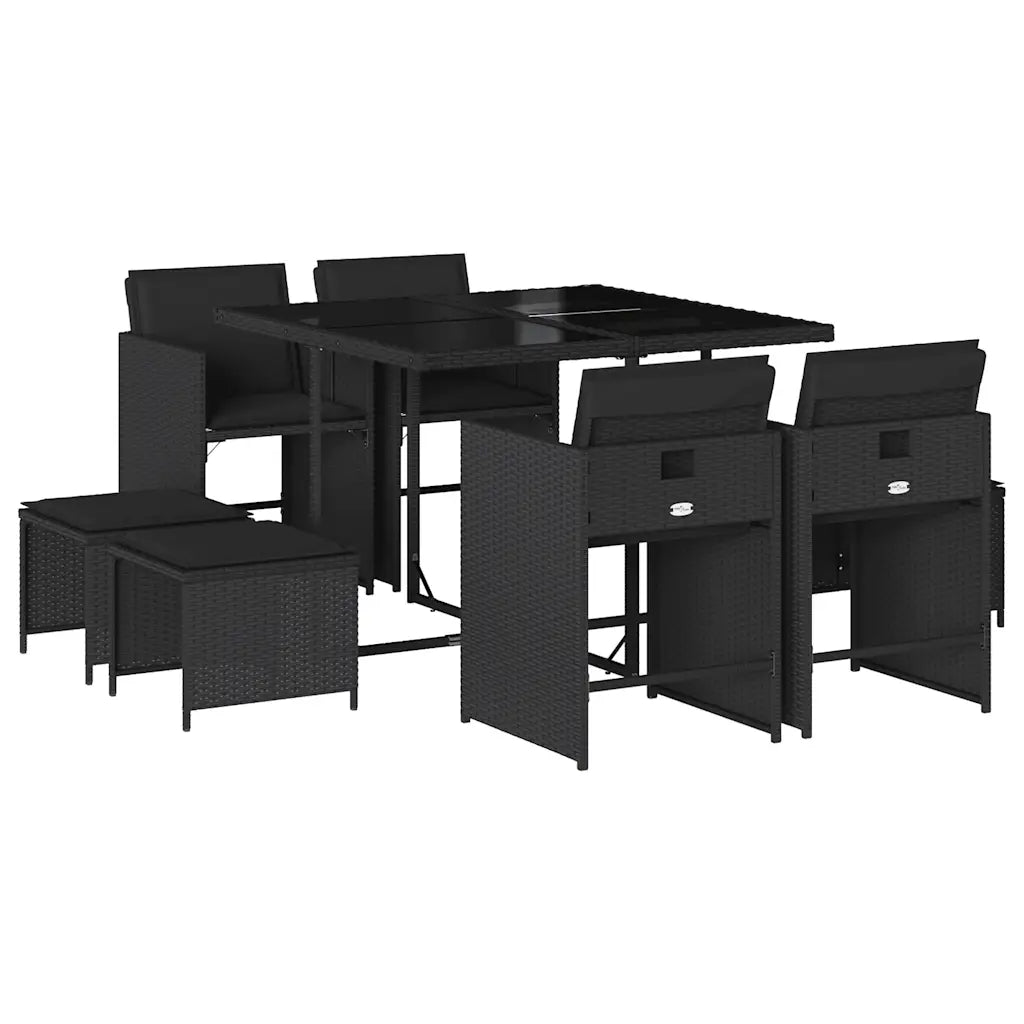 Set mobilier de grădină cu perne, 9 piese, negru, poliratan