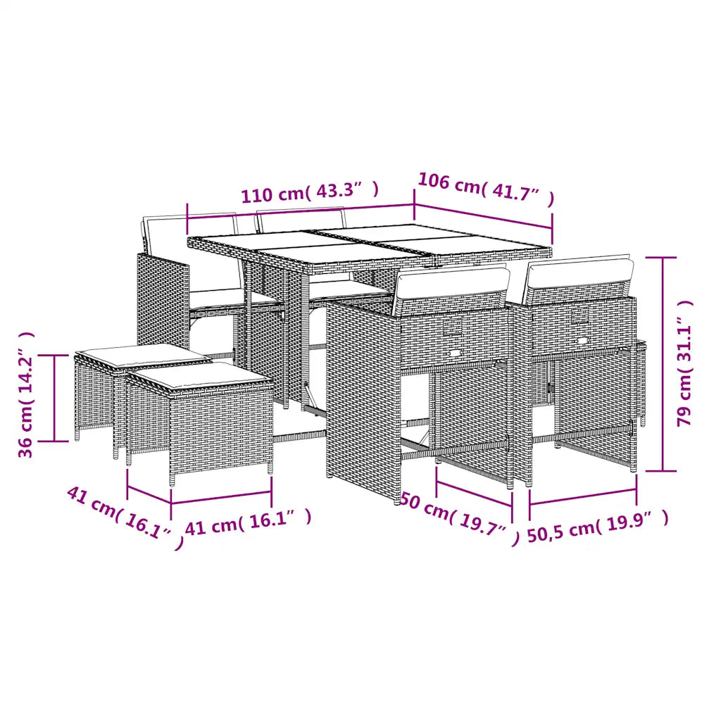 Set mobilier de grădină cu perne, 9 piese, negru, poliratan
