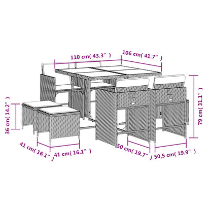 Set mobilier de grădină cu perne, 9 piese, negru, poliratan