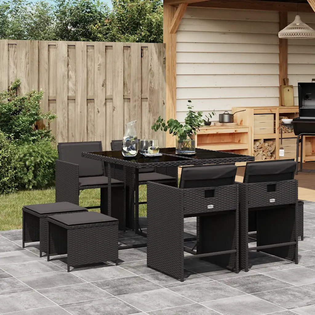 Set mobilier de grădină cu perne, 9 piese, negru, poliratan