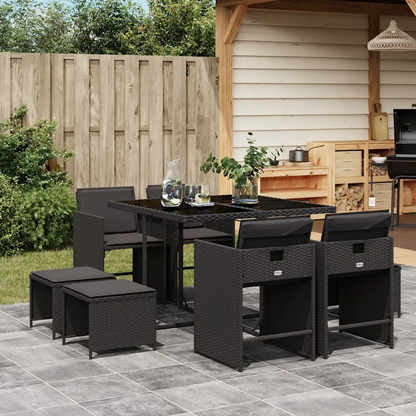 Set mobilier de grădină cu perne, 9 piese, negru, poliratan