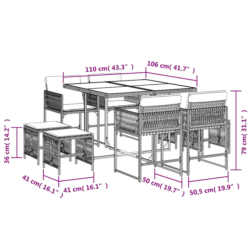 Set mobilier grădină cu perne, 9 piese, gri, poliratan