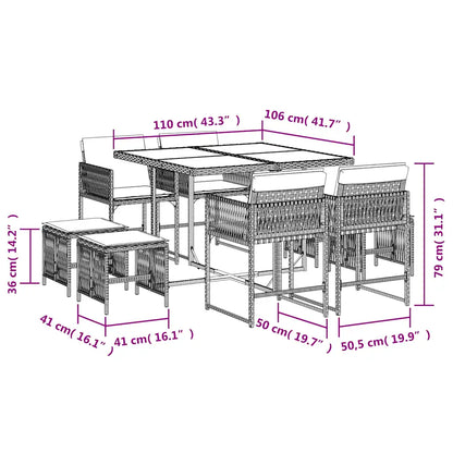 Set mobilier grădină cu perne, 9 piese, gri, poliratan