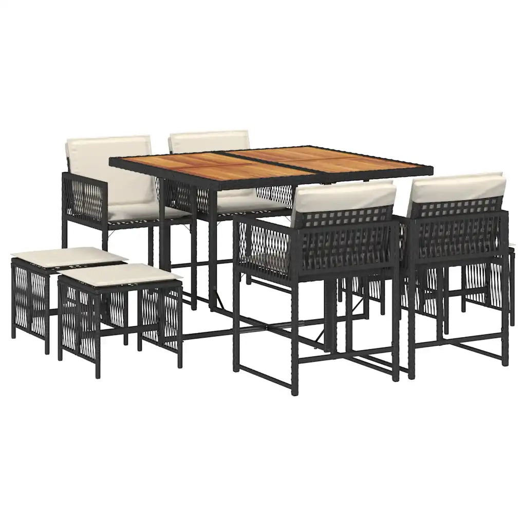 Set mobilier de grădină cu perne, 9 piese, negru, poliratan