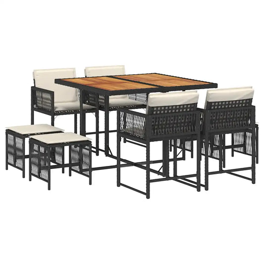 Set mobilier de grădină cu perne, 9 piese, negru, poliratan