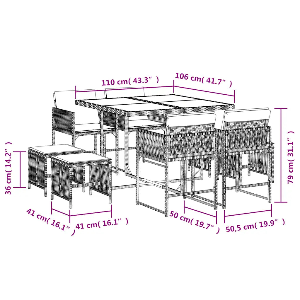 Set mobilier de grădină cu perne, 9 piese, negru, poliratan