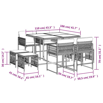 Set mobilier de grădină cu perne, 9 piese, negru, poliratan