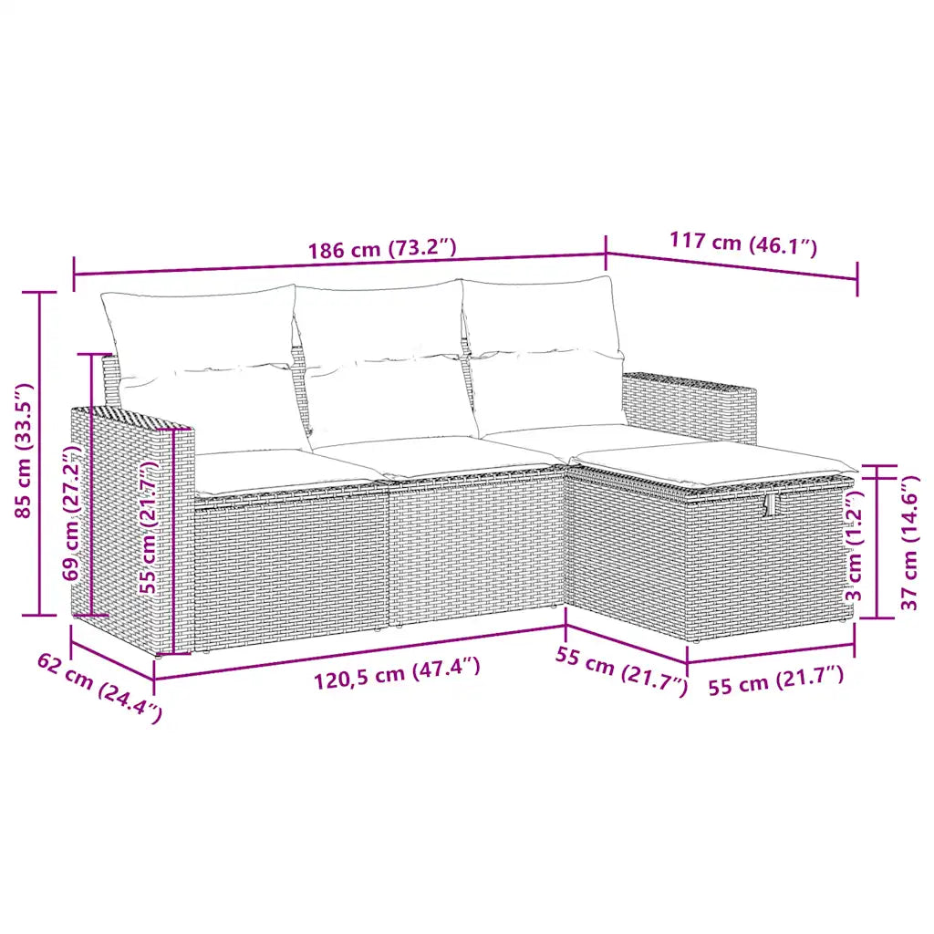 Set mobilier de grădină cu perne, 4 piese, negru, poliratan