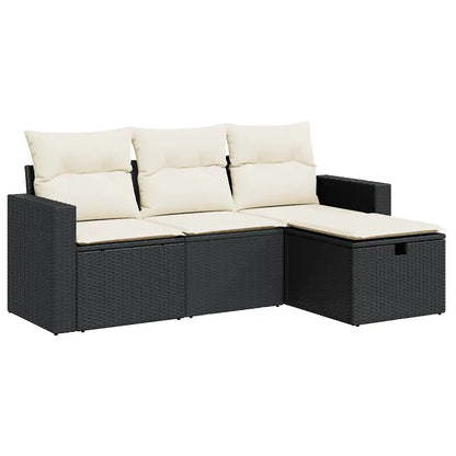 Set mobilier de grădină cu perne, 4 piese, negru, poliratan