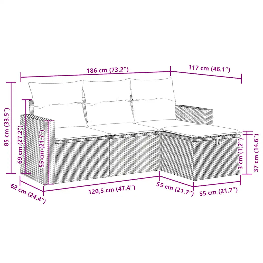 Set mobilier de grădină cu perne, 4 piese, negru, poliratan